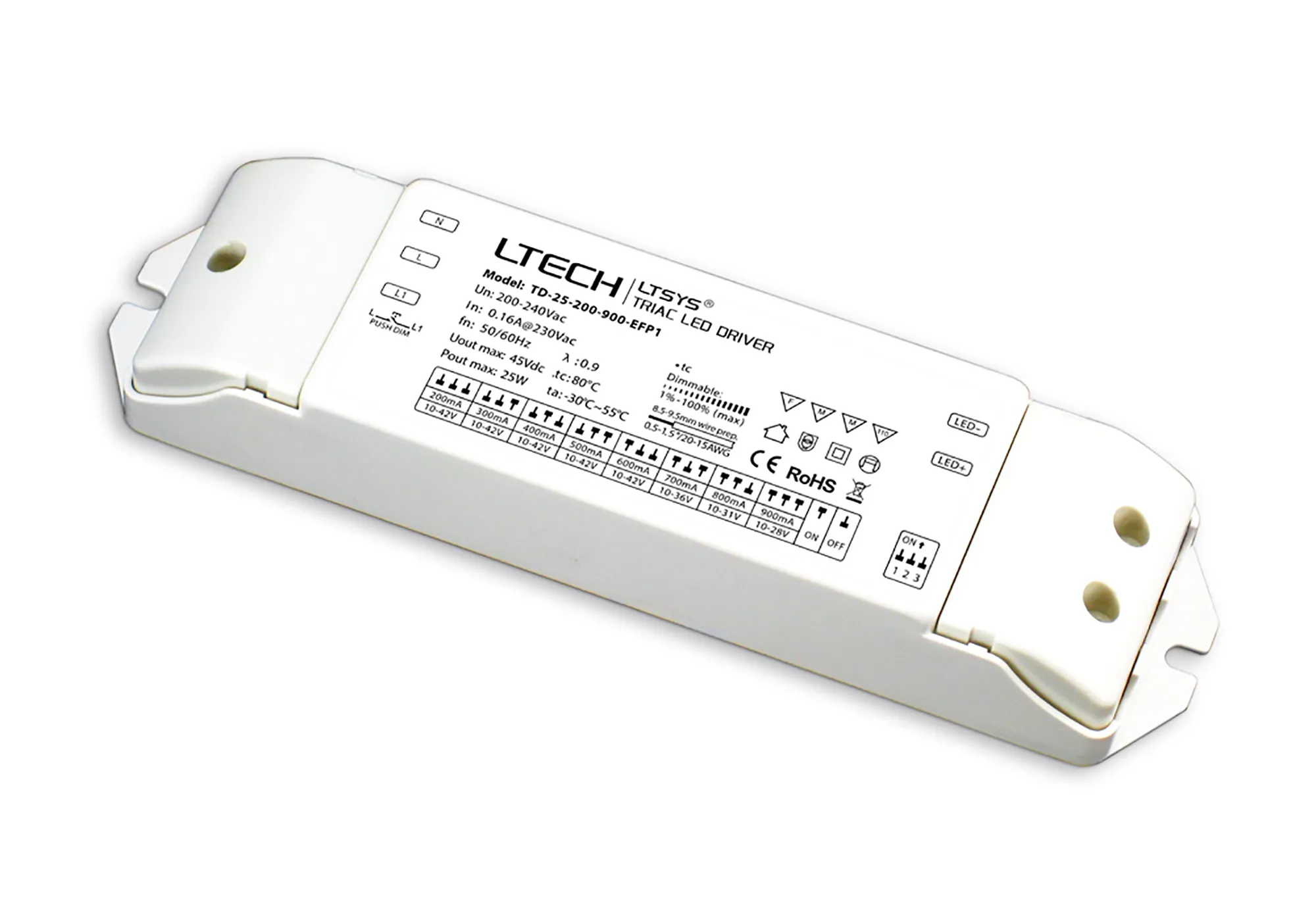 TD-25-200-900-EFP1  Triac/ELV Push Dim PWM 2-25W 45V 200-900mA Constant Current Dimmable Driver, IP44.